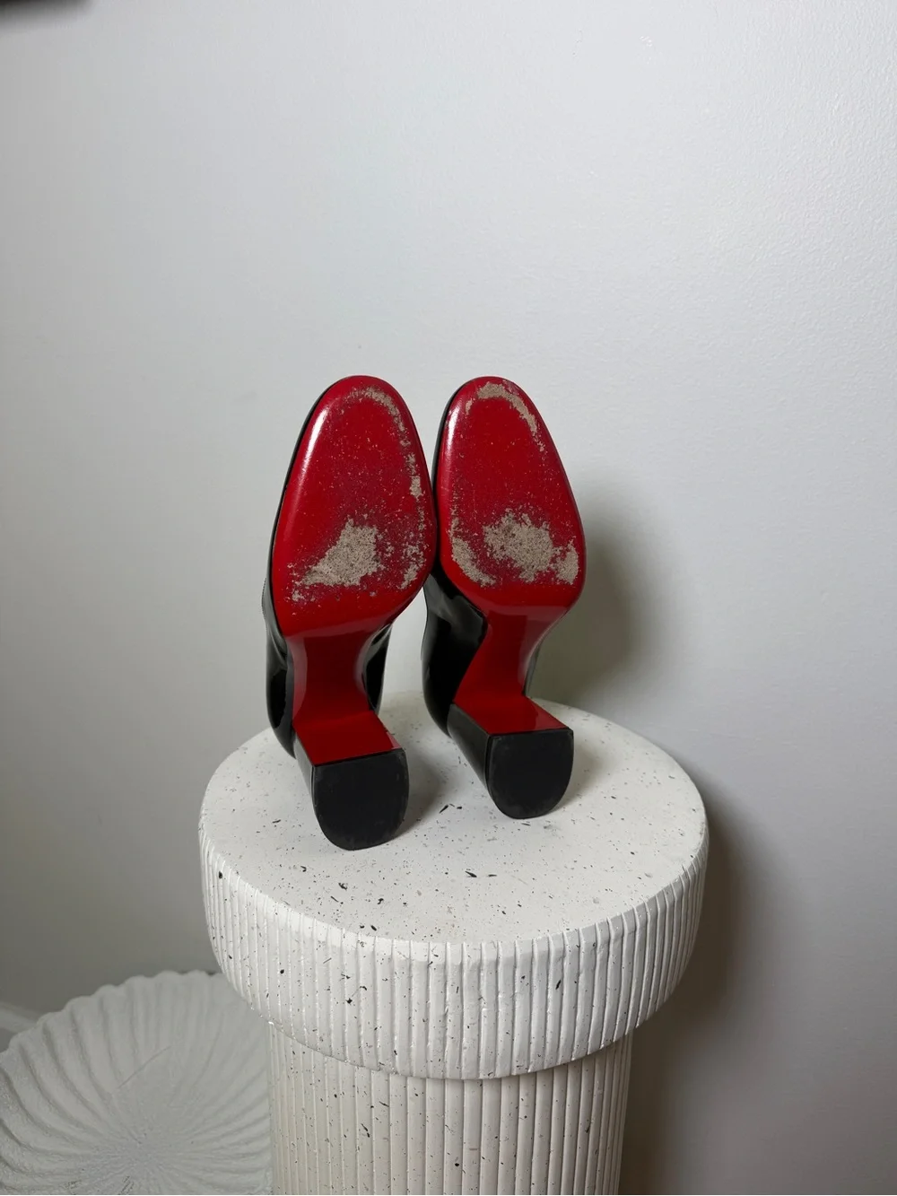 Christian Louboutin Black Patent Round Toe Block Heel Pumps with Red Sole - Picture 6 of 9
